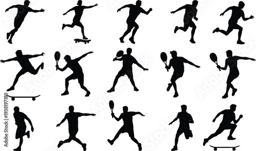 Collection of Black Silhouettes of Athletes in Action on White Keywords: athlete, silhouette, running, jumping, skateboarding