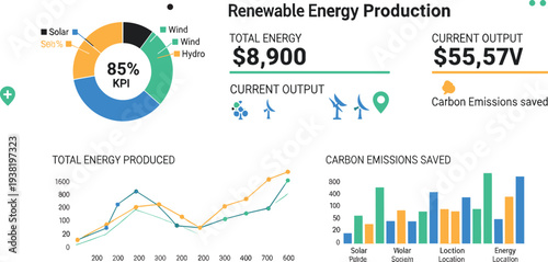 Renewable energy production analytics dashboard with solar wind hydro power statistics carbon emissions savings and sustainability report visualization