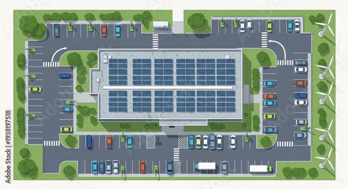 Aerial View of a Modern Office Building with Solar Panels and Parking Lot.
