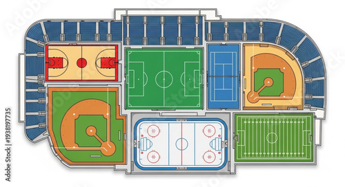 Aerial view of a sports complex with multiple fields and courts.