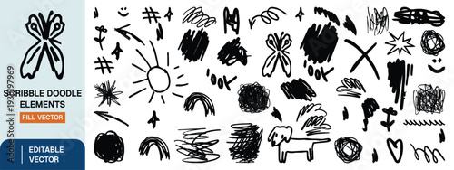 Hand-Drawn Scribble and Doodle Elements ,  Playful Sketch Lines, Shapes, Stars and Fun Little Drawings