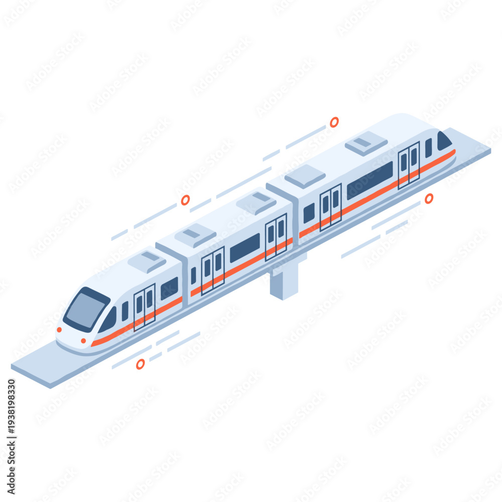 Fototapeta premium Isometric illustration of high-speed modern light rail train on elevated track. No editable stroke
