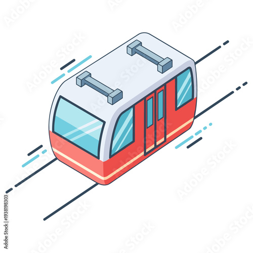 Isometric cartoon tram on tracks with blue accents and red stripes. No editable stroke