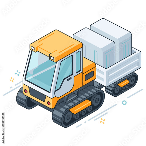 Isometric construction vehicle with tracks carrying concrete blocks. No editable stroke