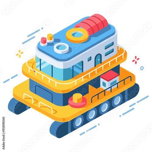 Colorful isometric futuristic vehicle with multilevel design and wheel structure. No editable stroke