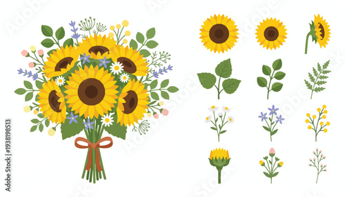 Flat vector illustration sunflower bouquet, vibrant flowers, green plants, and separate flower elements