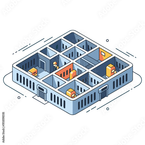 Isometric prison interior design with cells and furnishings