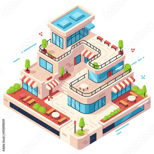 Modern minimalist outdoor café with rooftop terrace and stylish architecture