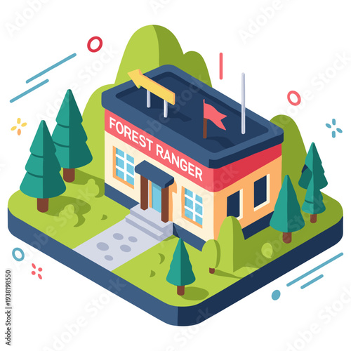 Isometric forest ranger station building with trees and pathway in a scenic landscape