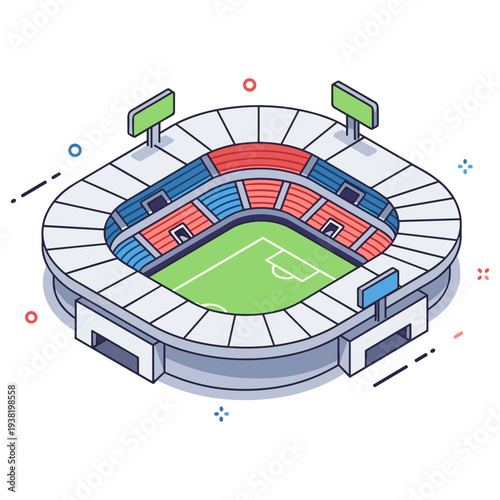 Isometric illustration of a modern football stadium with green field