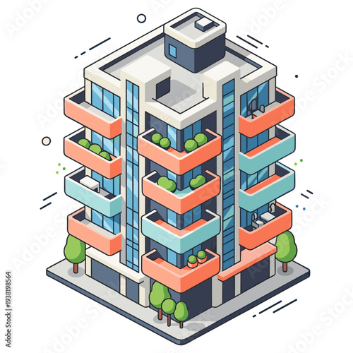Modern colorful isometric apartment building with balconies and trees