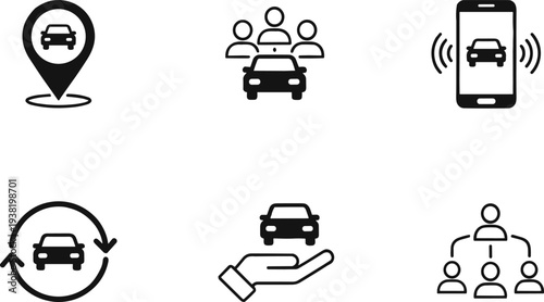 Car service and transportation icons set, ride-sharing, car rental, GPS tracking, mobile app integration, fleet management, modern vehicle assistance illustration