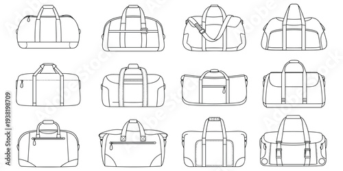 Collection of twelve black and white line art duffel bags on white background Keywords: duffel bag, luggage, travel bag, sports