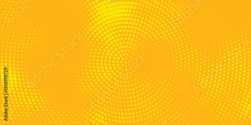 Yellow halftone pattern. Retro comic gradient background. Bright orange pixelated dotted texture overlay concept. Geometric vector design