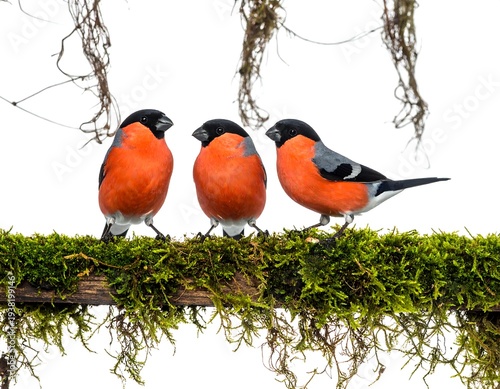 Three bullfinches sit on a mossy branch against a white backdrop with dangling roots