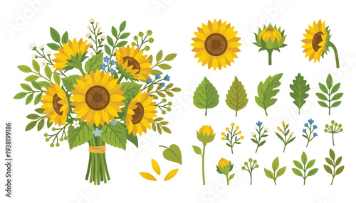 Collection of beautiful sunflower and wildflower illustrations, depicting a bouquet and various floral elements and plants