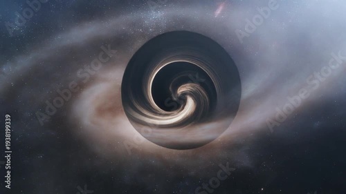 A swirling black hole with a bright accretion disk and spiral arms of stars, gas, and dust set against a dark starry space background