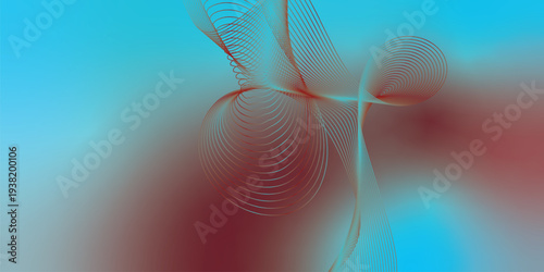 Curved luminous ribbons in azure and maroon sweeping across a deep shadowy backdrop with scattered micro sparkles, modern futuristic tech atmosphere, vector illustration