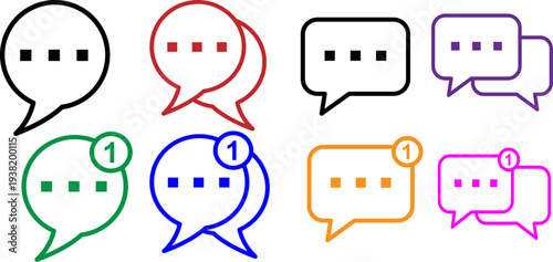 チャットやメッセージのやり取りを表現する吹き出しアイコンセット 丸型と角型の吹き出しに通知バッジと三点リーダーが入ったモダンな線画イラスト 複数色のカラーバリエーション