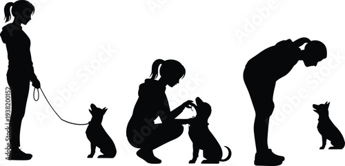 Female silhouettes interacting with dogs showing training and affection on white background Keywords: dog training, dog