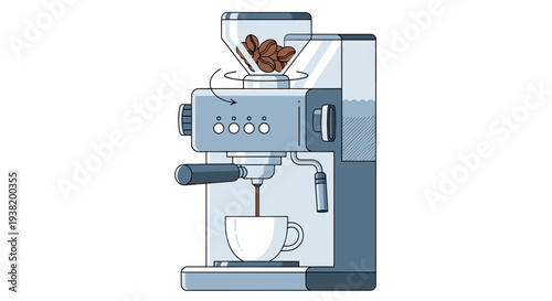 Modern coffee machine brewing espresso into cup with beans