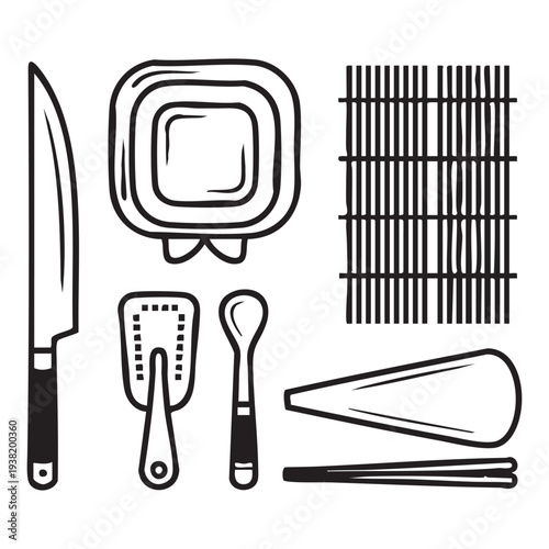 Black and white of kitchen utensils and tools including a knife chopping board spatula and chopsticks