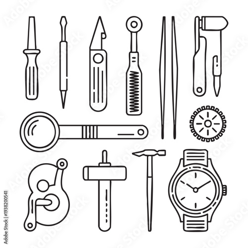 Collection of black and white line tools and a wristwatch screwdriver pliers