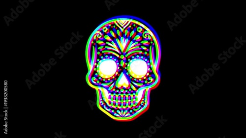 Intricately detailed sugar skull with ornate floral patterns and a small cross on the forehead, featuring a vibrant digital glitch effect on a solid black background.