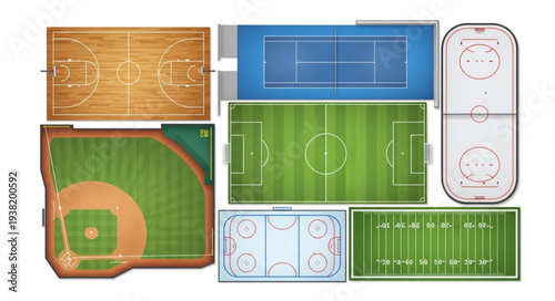 Collection of Various Sports Fields and Courts Top View.