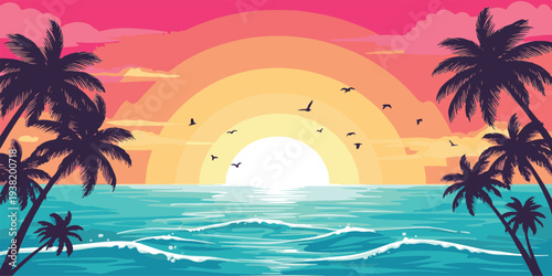 Tropical beach sunset with palm trees and ocean waves background 