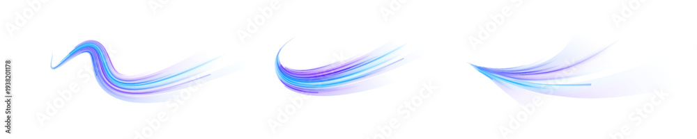 Fototapeta premium Abstract blue neon waves flow across dark space. Glowing lines curve and twist like fast energy streams. Dynamic motion trails create a futuristic technology background.