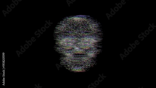 Intricately detailed sugar skull with ornate floral patterns and a small cross on the forehead, featuring a vibrant digital glitch effect on a solid black background.