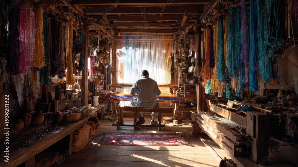 Obraz premium A person sits at a loom, weaving a textile in a sunlit workshop filled with colorful threads and materials
