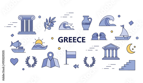 Greek symbols: iconic landmarks, traditions, and nature elements in blue line art