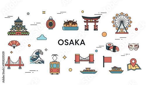 Osaka landmarks and culture: castles, sushi, ferris wheel, and local icons