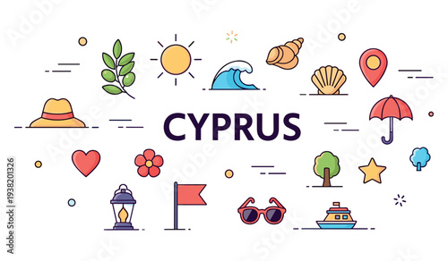 Colorful icons representing cyprus: travel and cultural symbols