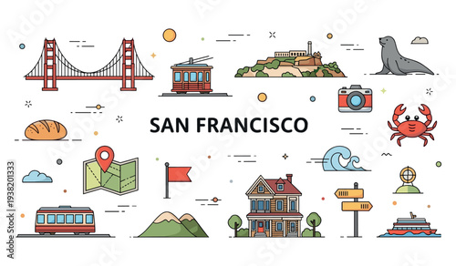 Colorful icons of san francisco: golden gate, tram, alcatraz, sea lion, and more