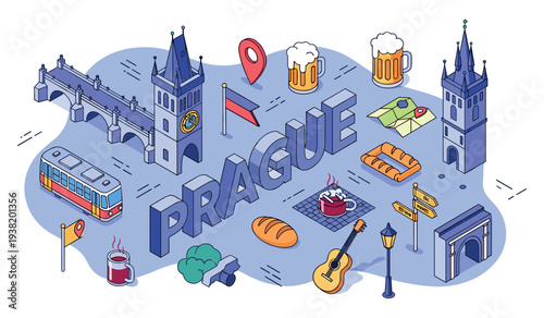 Colorful isometric illustration of prague landmark symbols and icons