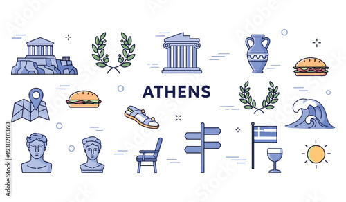 Iconic symbols of athens: parthenon, greek vase, map, busts, and laurel wreath