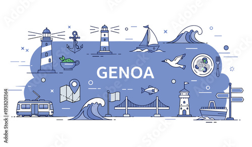 Genoa icons: lighthouses, sailing, waves, and nautical elements in blue