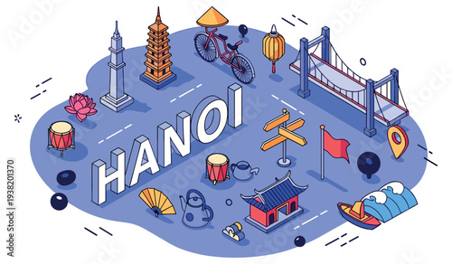 Hanoi city icons: pagodas, bicycles, lanterns, and bridges in vibrant illustration