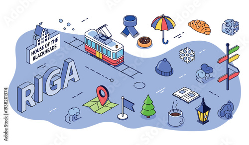 Riga travel icons: tram, landmark, food, accessories, winter theme