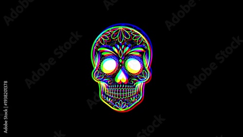 Intricately detailed sugar skull with ornate floral patterns and a small cross on the forehead, featuring a vibrant digital glitch effect on a solid black background.