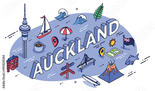 Auckland icons: sky tower, harbour bridge, maori mask, volcano, new zealand flag in isometric design