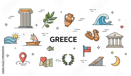 Colorful greek symbols: columns, waves, olive branch, temple, sailboat, amphora