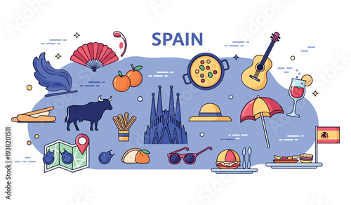 Spain icon set: paella, flamenco, bull, sagrada familia, and more symbols