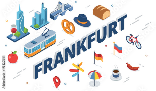 Frankfurt landmarks and symbols: tram, skyline, pretzel, biking, sausage, coffee, german flag