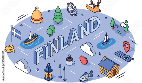 Illustrated finland symbols: winter, nature, and culture in a playful design