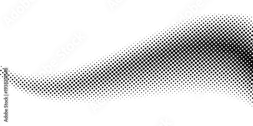 Black halftone dot wave pattern. Abstract grain fluid texture. Dotted curve wallpaper. Grit undulate swoosh overlay for poster, banner, brochure, flyer, leaflet, brochure. Vector rasterized background