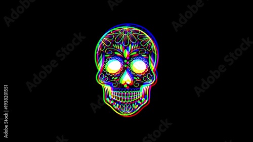 Intricately detailed sugar skull with ornate floral patterns and a small cross on the forehead, featuring a vibrant digital glitch effect on a solid black background.